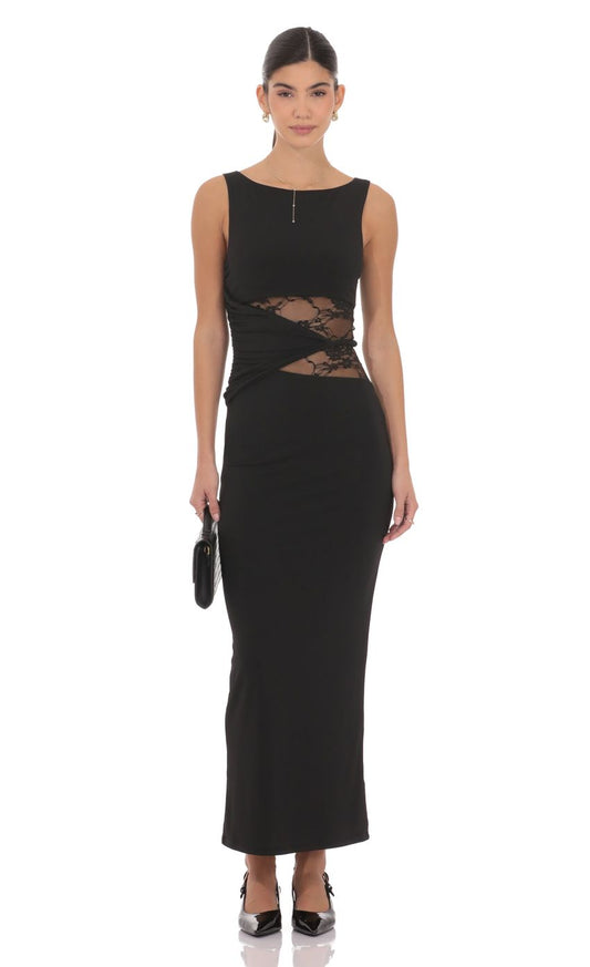 Edgy Bodycon Crew-Neck Sleeveless Lace-Cut-Out Open-Back Black Jersey Floor-Length Prom Dresses