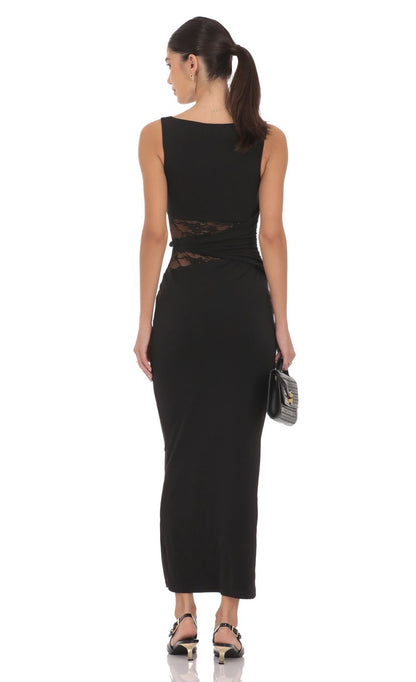 Edgy Bodycon Crew-Neck Sleeveless Lace-Cut-Out Open-Back Black Jersey Floor-Length Prom Dresses