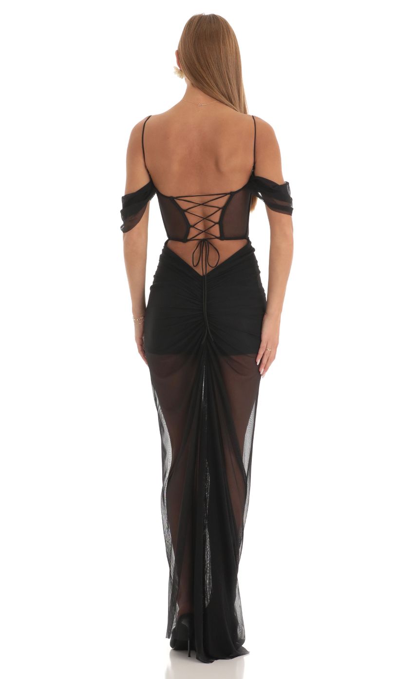 Edgy Sheath Cold-Shoulder Sleeveless Crisscross-Back Black Mesh Floor-Length Prom Dresses