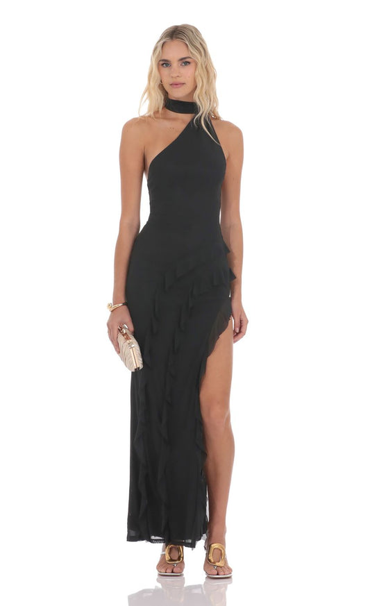 Edgy Sheath Halter-Neck One-Shoulder Open-Back Ruffled Floor-Length Prom Dresses