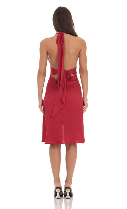 Edgy Sheath Halter-Neck Sleeveless Cut-Out-Back Crimson Satin Midi-Length Prom Dresses