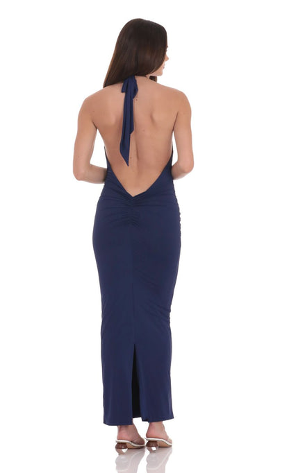 Edgy Sheath Halter-Neck Sleeveless Deep-Open-Back Navy Ruched-Jersey Floor-Length Prom Dresses