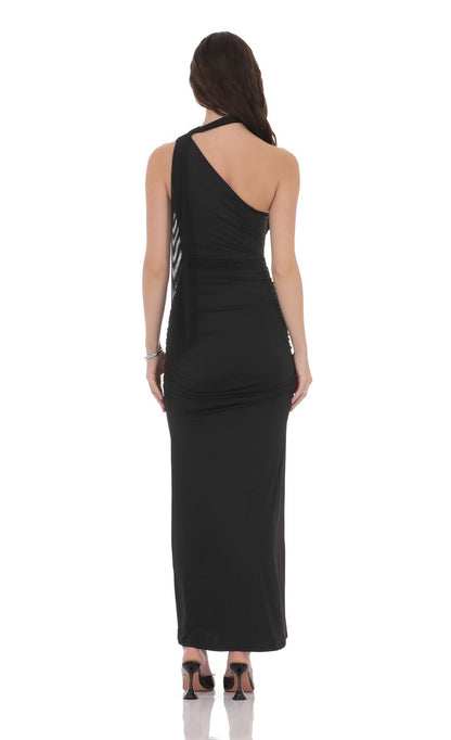 Edgy Sheath One-Shoulder Sleeveless Cut-Out-Back Black Ruched Jersey Floor-Length Prom Dresses