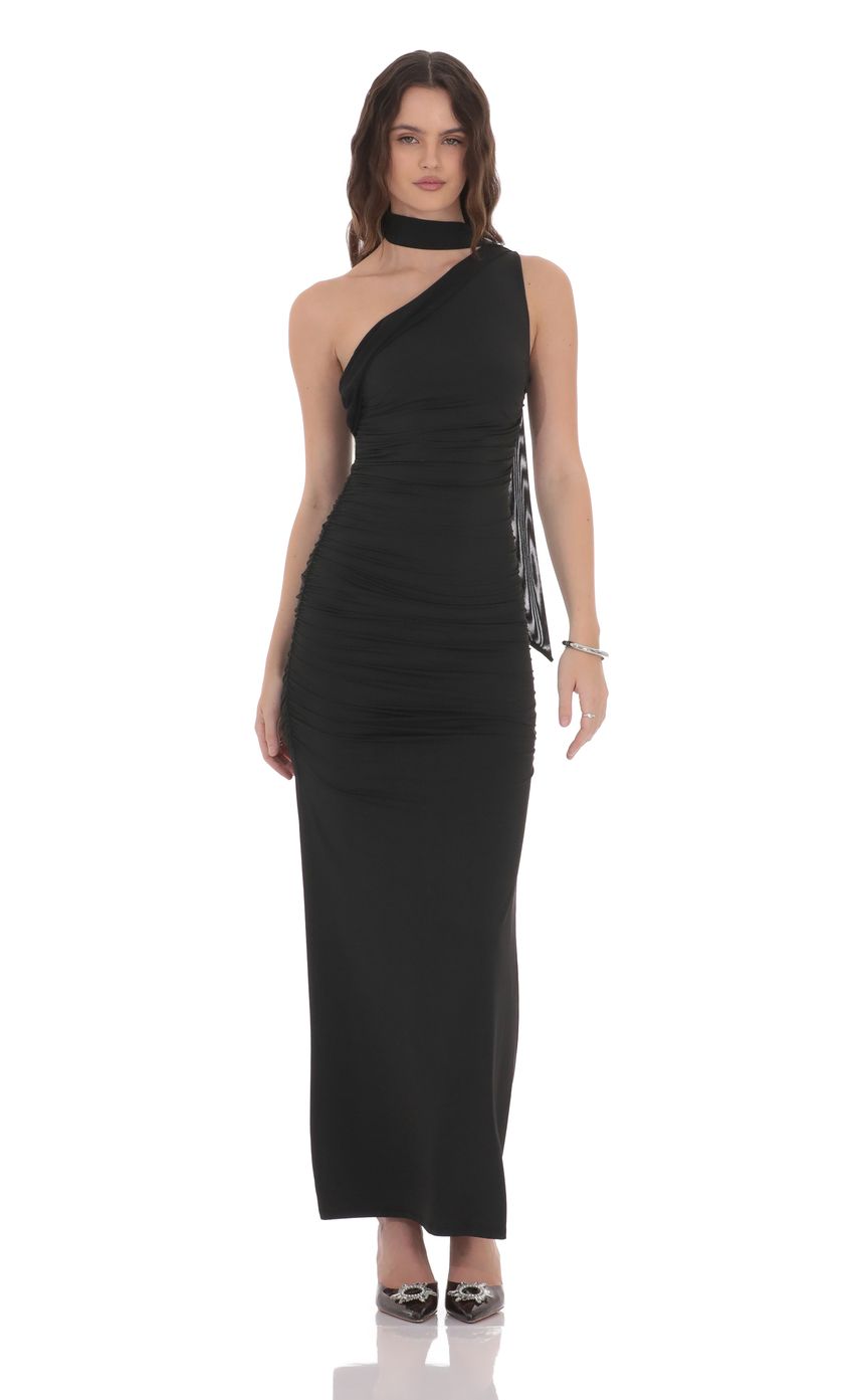 Edgy Sheath One-Shoulder Sleeveless Cut-Out-Back Black Ruched Jersey Floor-Length Prom Dresses