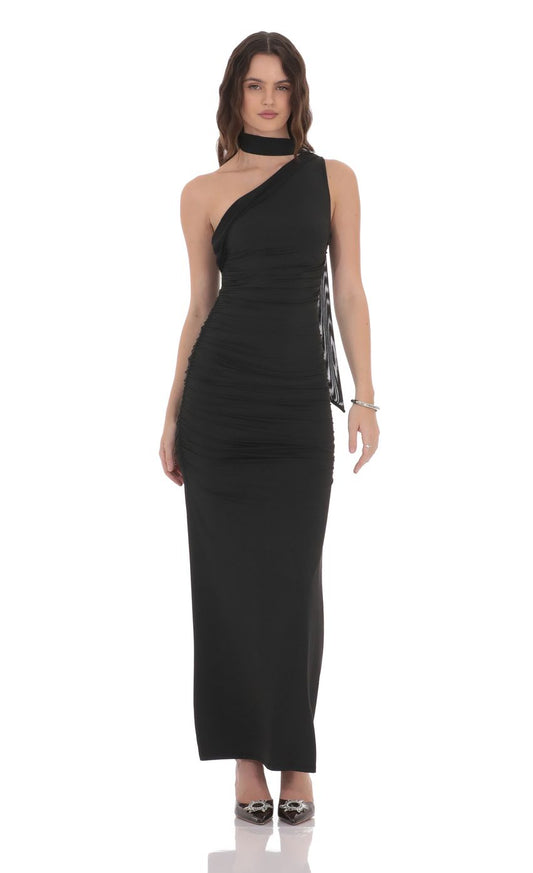 Edgy Sheath One-Shoulder Sleeveless Cut-Out-Back Black Ruched Jersey Floor-Length Prom Dresses