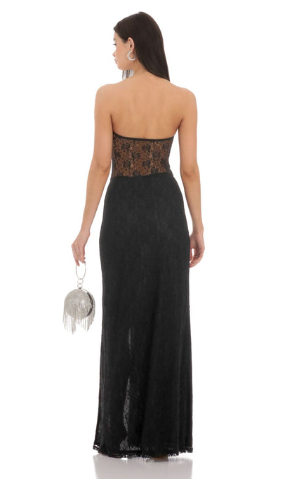 Edgy Sheath Strapless Sleeveless Open-Back Black Lace-Cutout Floor-Length Prom Dresses