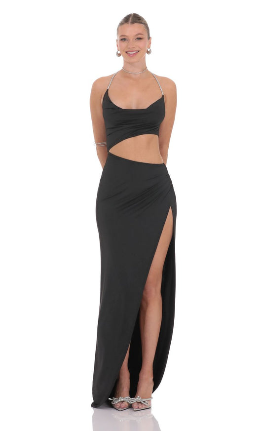 Edgy Two-Piece Sheath Halter-Neck Sleeveless Cut-Out-Back Black Jersey Floor-Length Prom Dresses