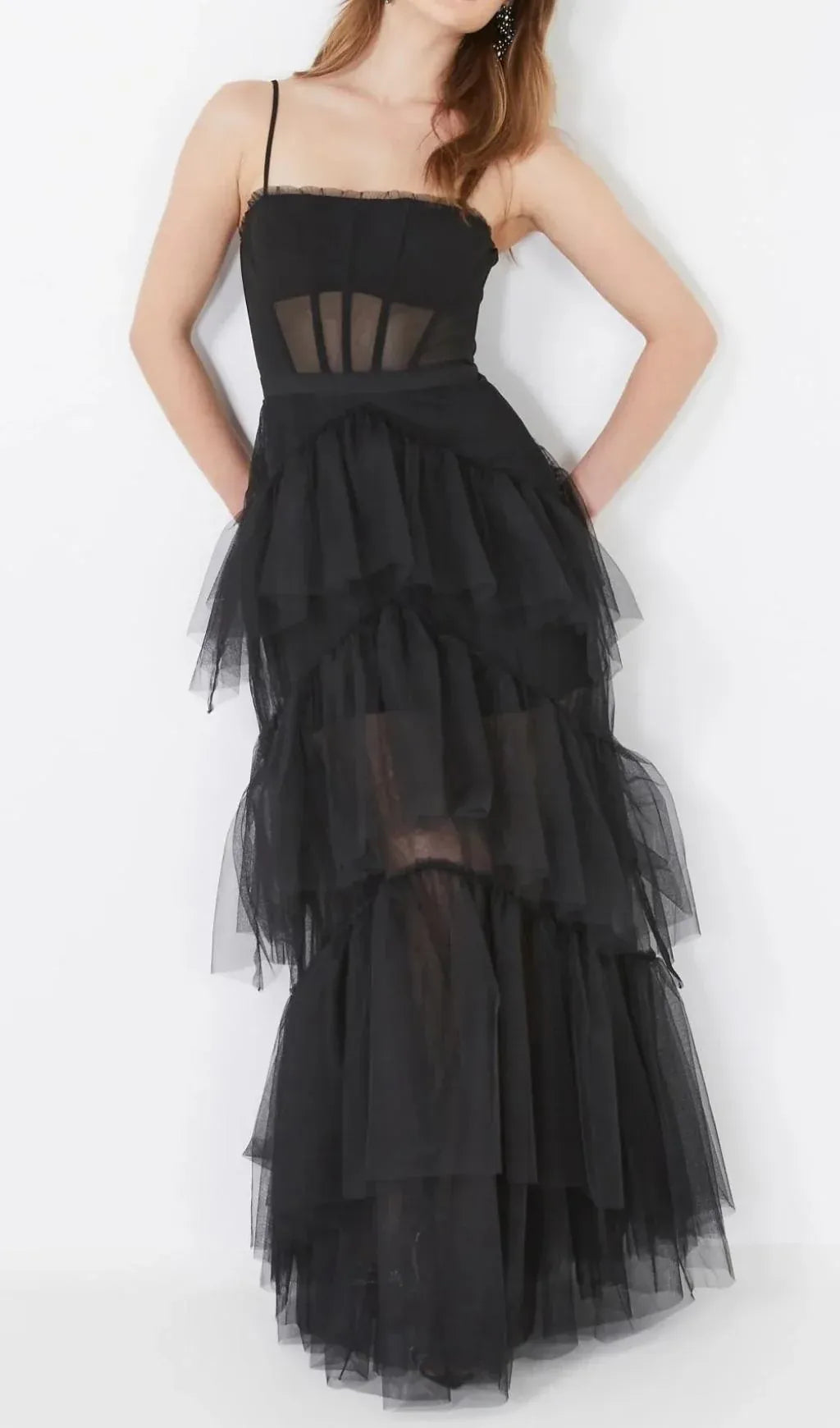 Edgy A-Line Corset Tiered Ruffle Sheer Tulle Black Floor Length Prom Dress For Sale