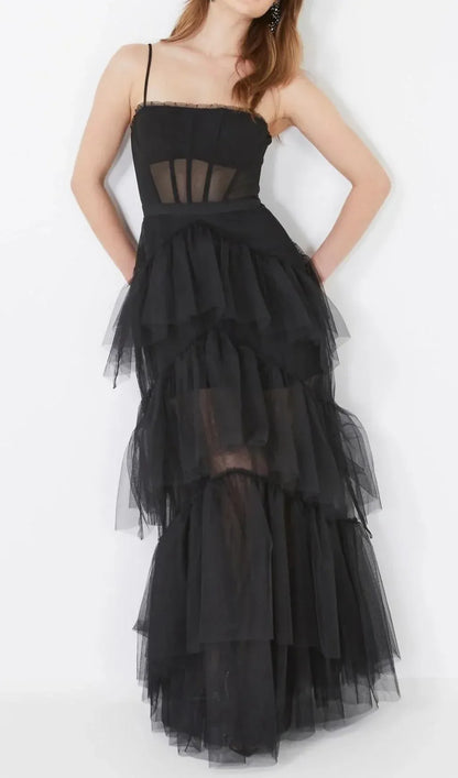 Edgy A-Line Corset Tiered Ruffle Sheer Tulle Black Floor Length Prom Dress For Sale