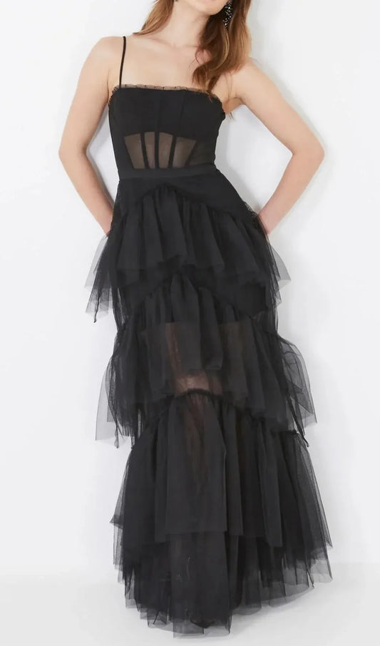 Edgy A-Line Corset Tiered Ruffle Sheer Tulle Black Floor Length Prom Dress For Sale