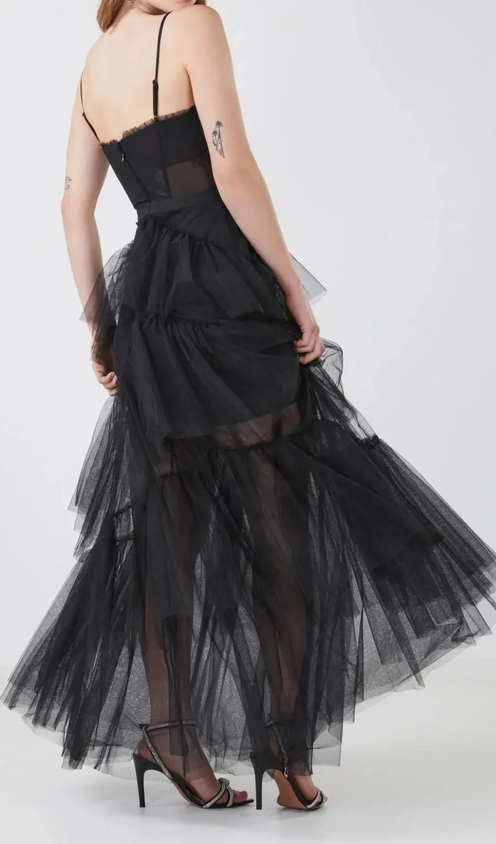 Edgy A-Line Corset Tiered Ruffle Sheer Tulle Black Floor Length Prom Dress For Sale