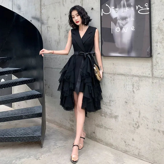 Edgy Fit-and-Flare V-Neck Tiered-Tulle Sleeveless Black Midi Evening Dress for Women