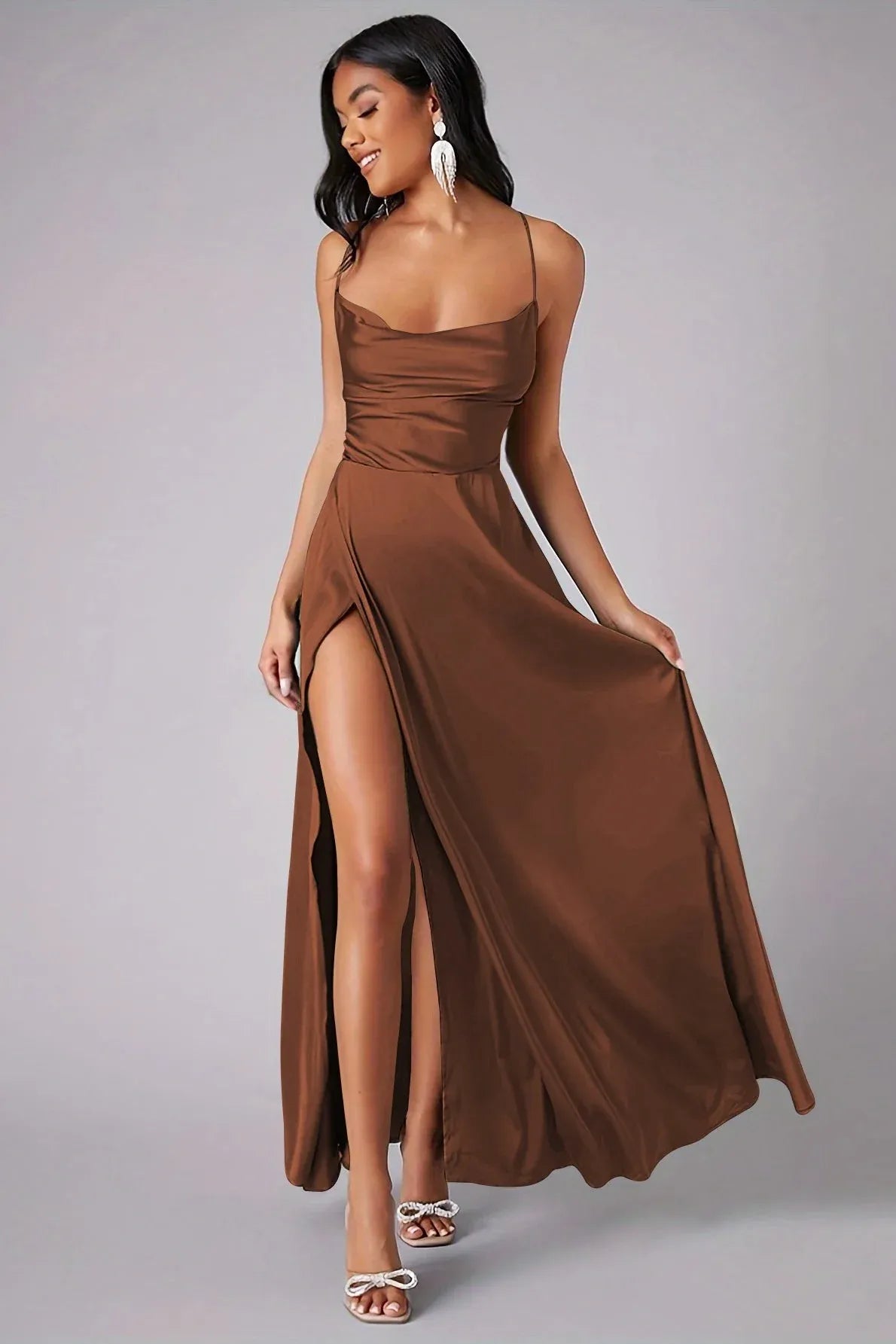 Effortless A-Line Cowl-Neck Lace-Up Brown Floor-Length Prom Dress With High Slit
