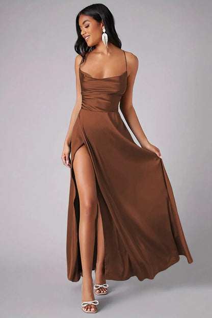 Effortless A-Line Cowl-Neck Lace-Up Brown Floor-Length Prom Dress With High Slit