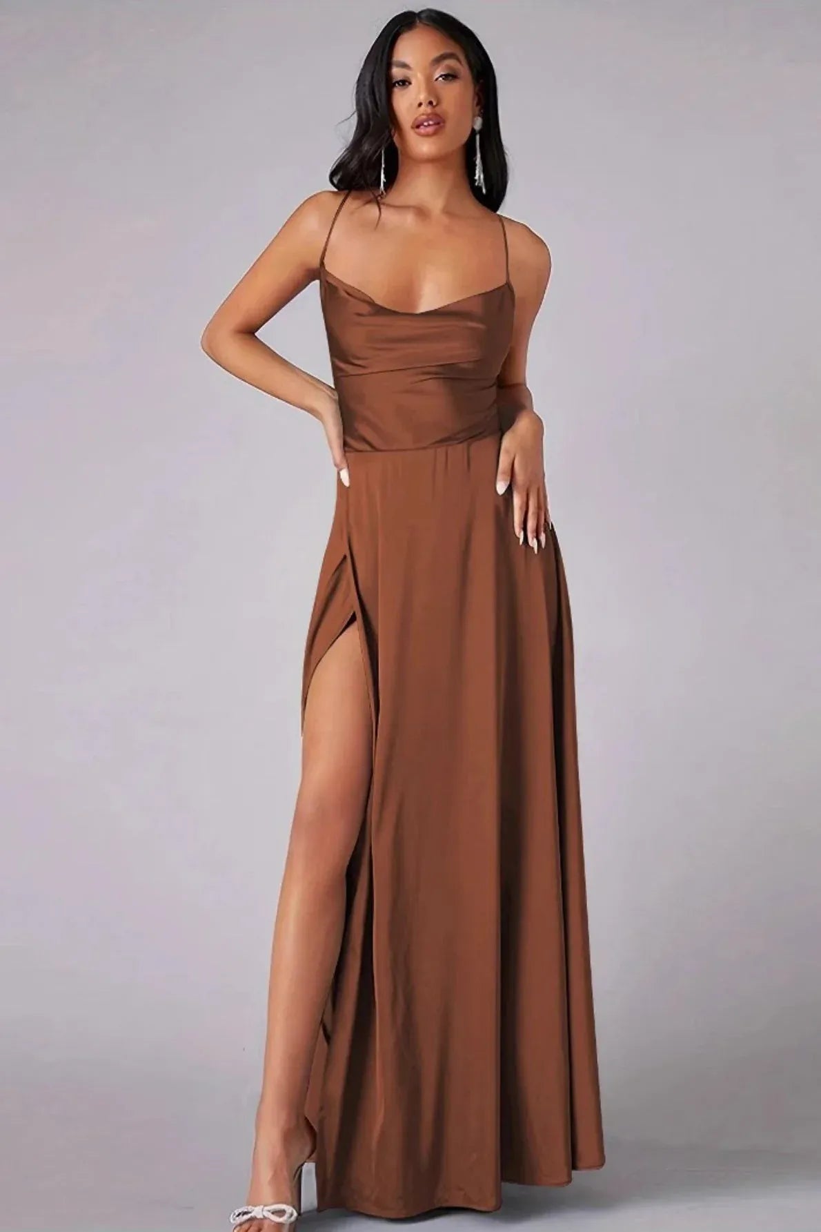 Effortless A-Line Cowl-Neck Lace-Up Brown Floor-Length Prom Dress With High Slit