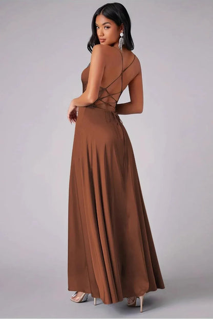 Effortless A-Line Cowl-Neck Lace-Up Brown Floor-Length Prom Dress With High Slit