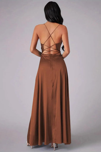 Effortless A-Line Cowl-Neck Lace-Up Brown Floor-Length Prom Dress With High Slit