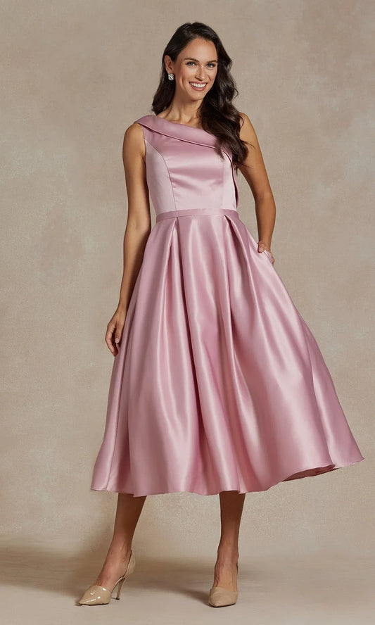 Elegant A-Line Asymmetrical Neck Satin Midi Dress With Pockets