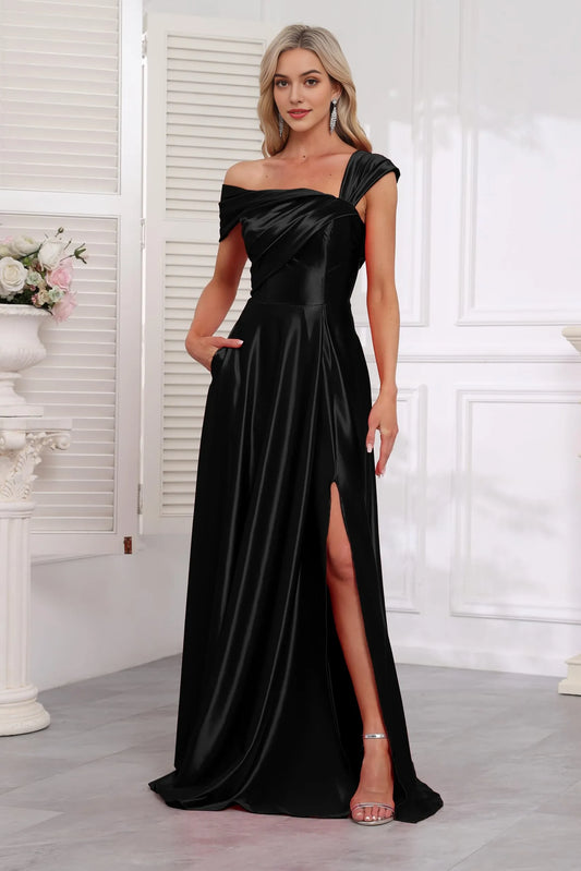 Elegant A Line Asymmetrical Off Shoulder Sleeveless Draped Back High Slit Floor Length Satin Evening Dress