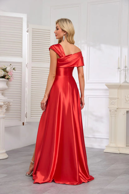 Elegant A Line Asymmetrical Off Shoulder Sleeveless Draped Back High Slit Floor Length Satin Evening Dress