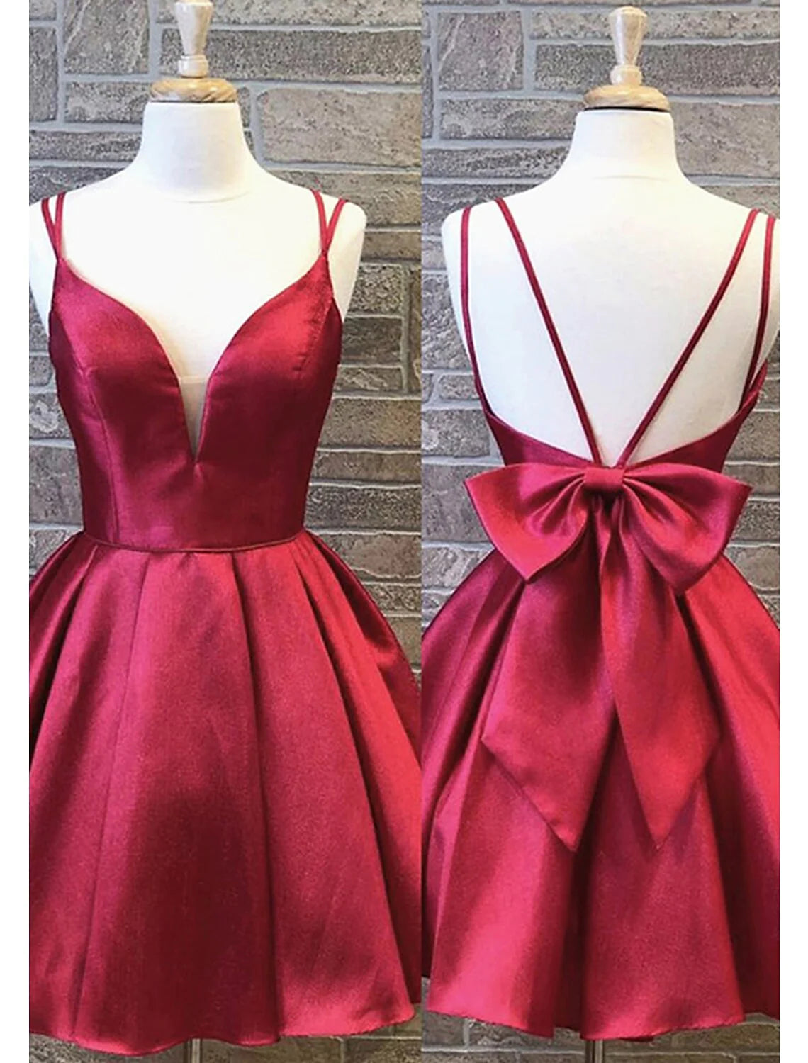 Model wearing an elegant A-line backless short charmeuse homecoming dress with bows.