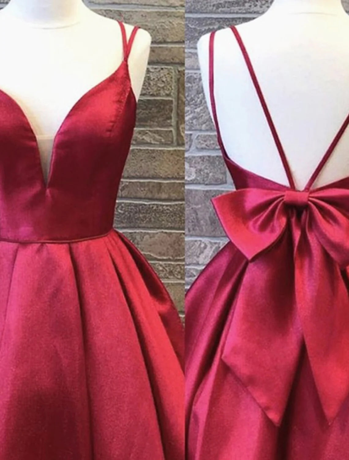Back view of the A-line charmeuse dress, showcasing the backless design and delicate bows.