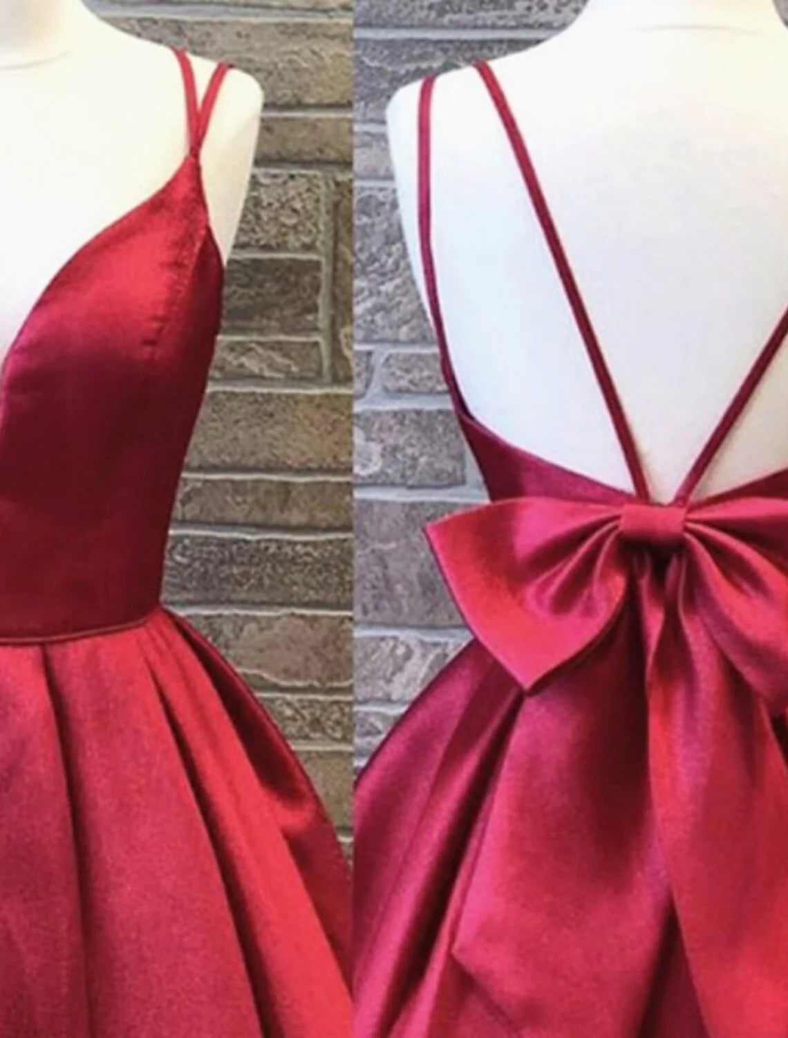 Side profile of the short A-line charmeuse dress with spaghetti straps.