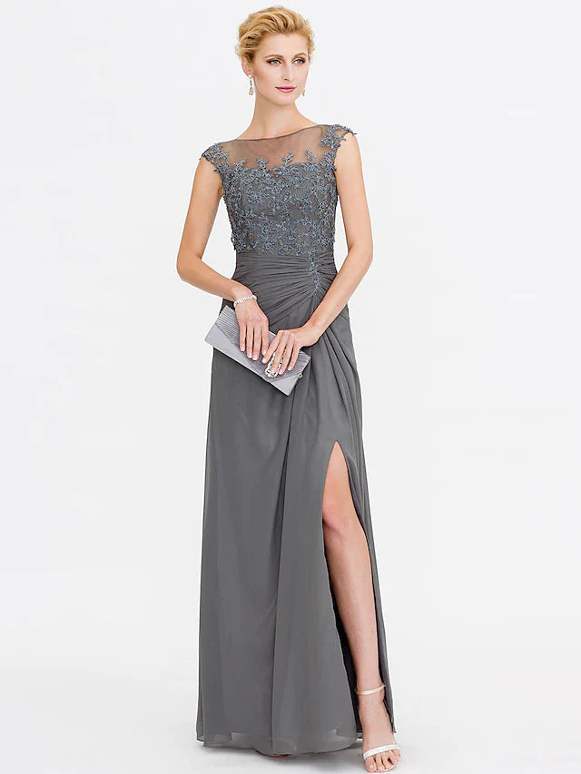 Elegant A-line Mother of the Bride dress with bateau neck and side draping.