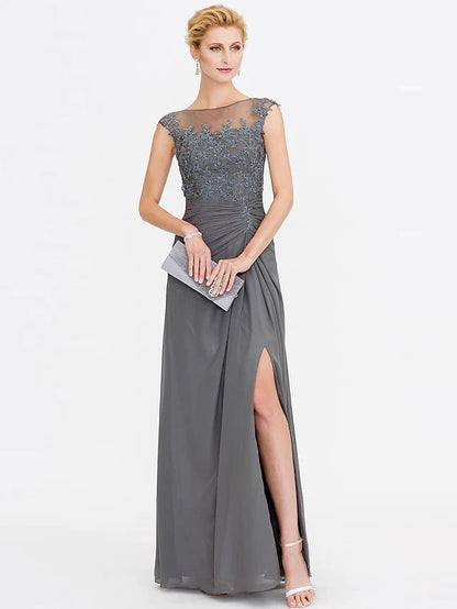 Elegant A-line Mother of the Bride dress with bateau neck and side draping.