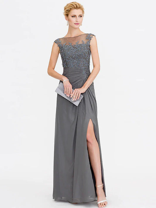 Elegant A-line Mother of the Bride dress with bateau neck and side draping.