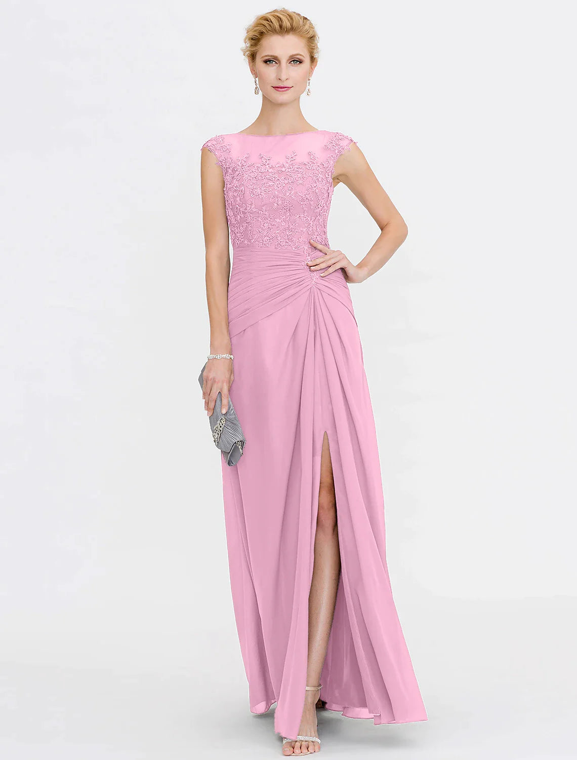 Full length view of a sophisticated A-line formal dress.