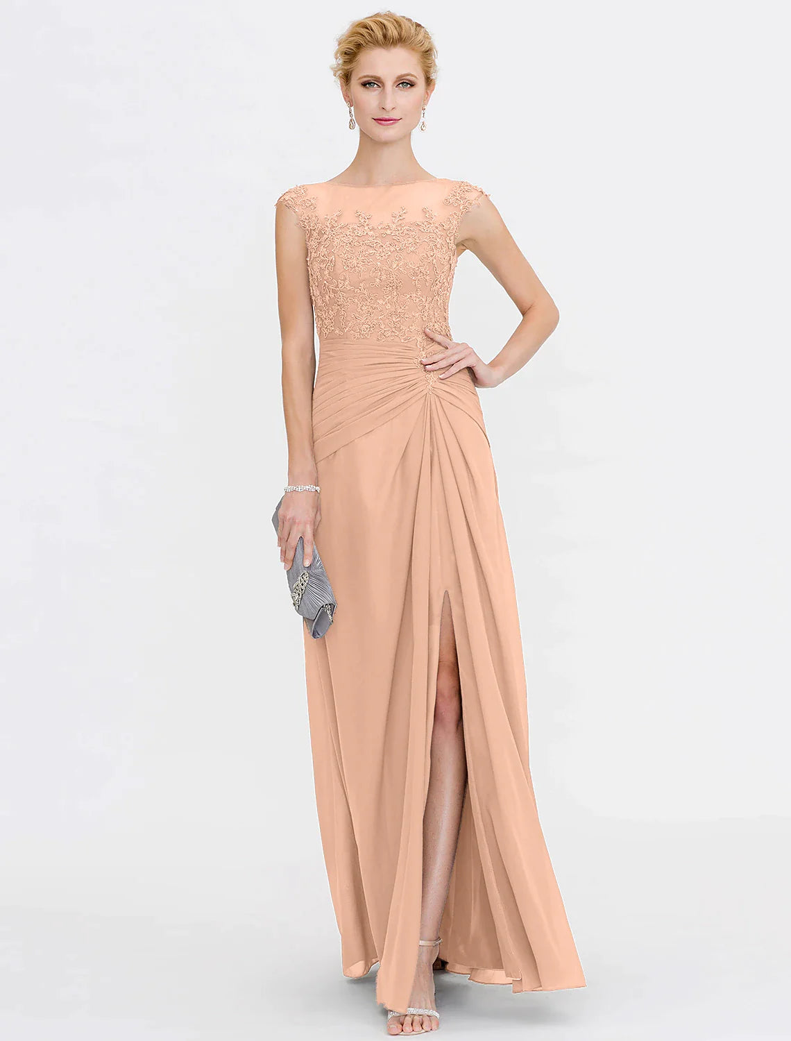 Chiffon lace Mother of the Bride dress with elegant side draping.