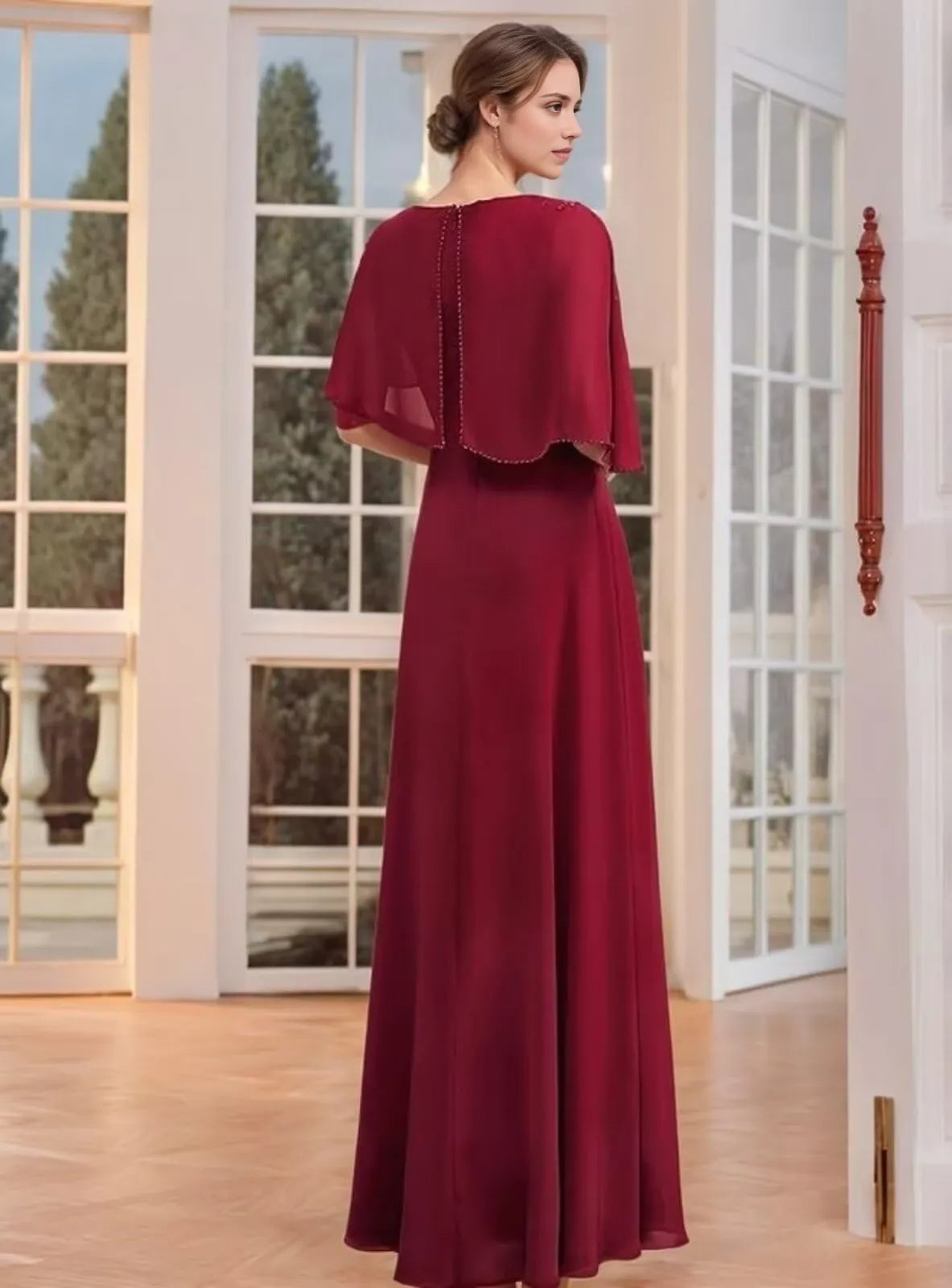 Elegant A-Line Boat-Neck Cape-Sleeve Embroidered-Back Maxi Evening Dress