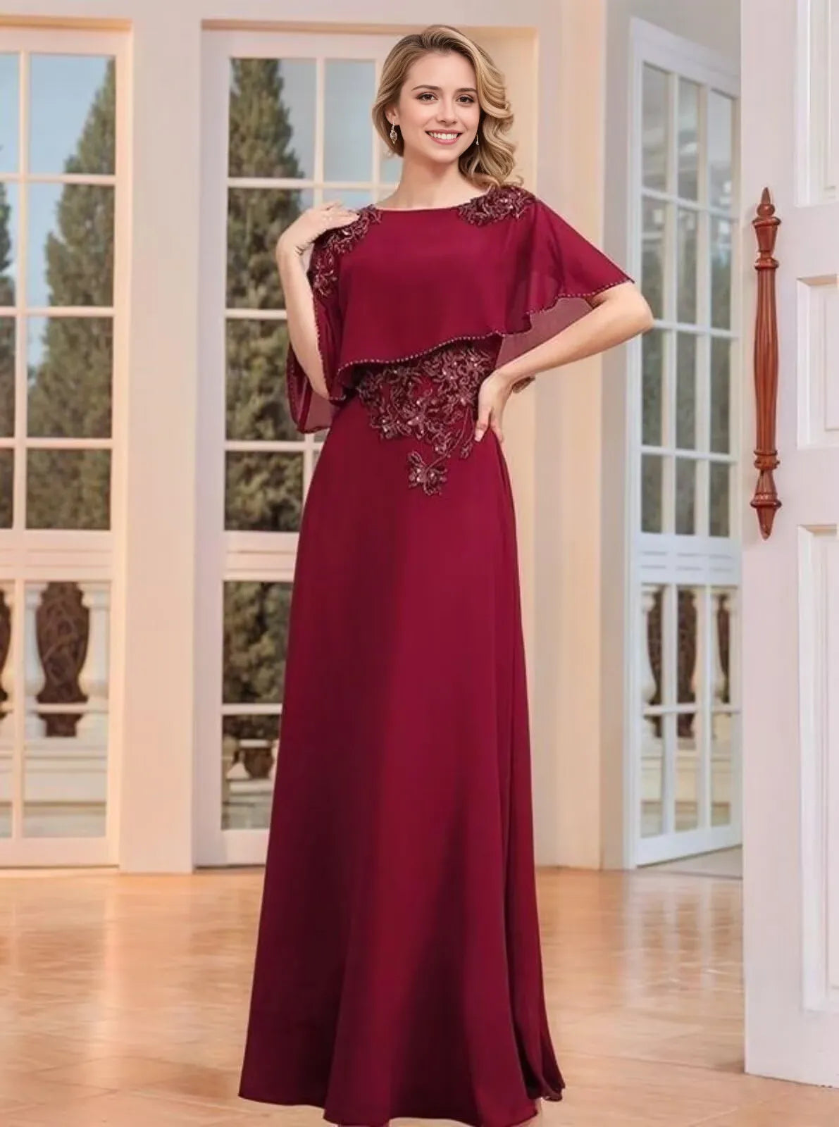 Elegant A-Line Boat-Neck Cape-Sleeve Embroidered-Back Maxi Evening Dress