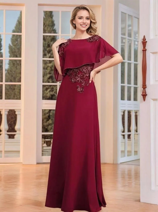 Elegant A-Line Boat-Neck Cape-Sleeve Embroidered-Back Maxi Evening Dress