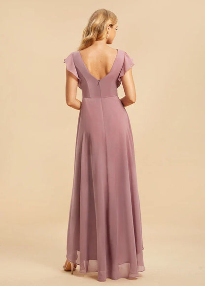 Elegant A-Line Boat Neck Flutter Sleeve Chiffon High-Low Maxi Evening Dress