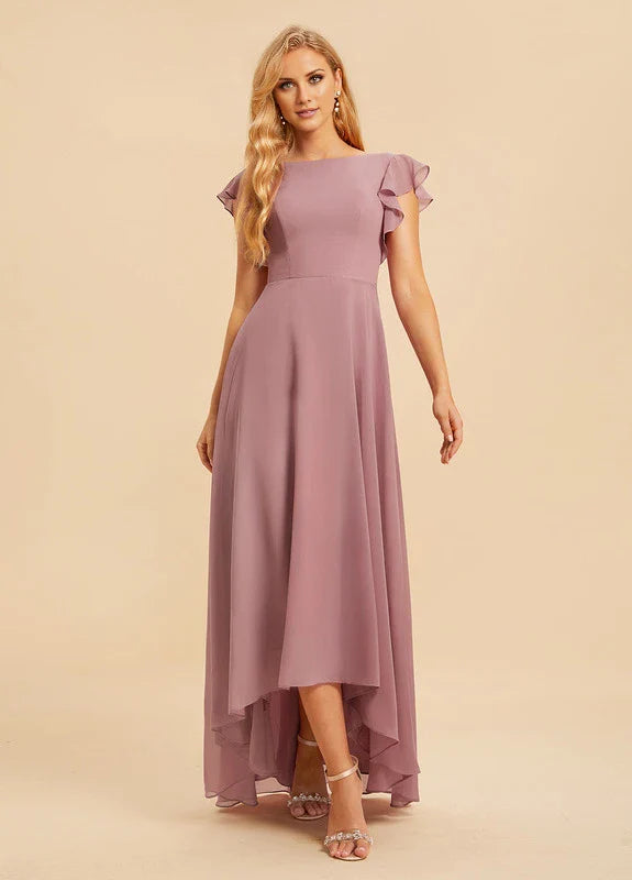 Elegant A-Line Boat Neck Flutter Sleeve Chiffon High-Low Maxi Evening Dress