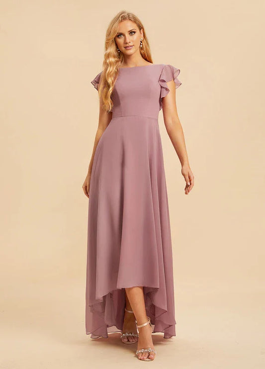 Elegant A-Line Boat Neck Flutter Sleeve Chiffon High-Low Maxi Evening Dress