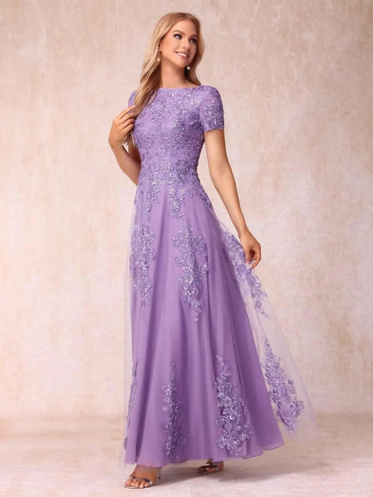 Elegant A-Line Boat Neck Short-Sleeve Lace-Up Back Maxi Mother Of The Bride Dress