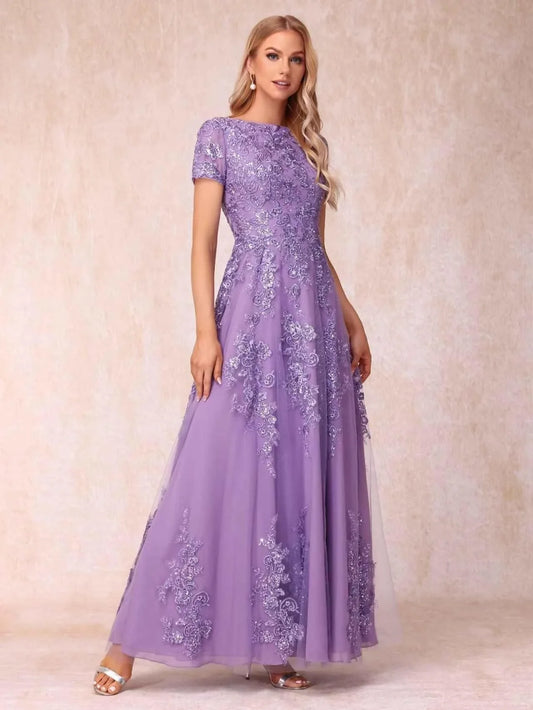 Elegant A-Line Boat Neck Short-Sleeve Lace-Up Back Maxi Mother Of The Bride Dress