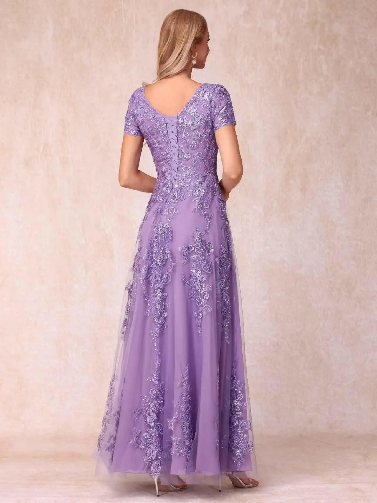 Elegant A-Line Boat Neck Short-Sleeve Lace-Up Back Maxi Mother Of The Bride Dress
