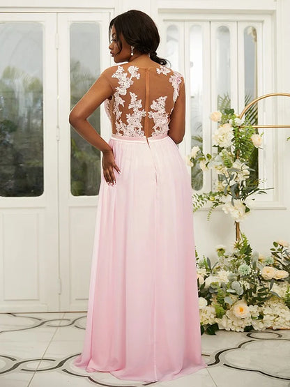 Back view of the A-line chiffon bridesmaid dress, highlighting the scoop neck and applique details.