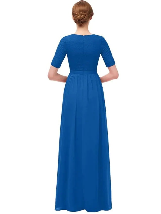 A-line chiffon bridesmaid dress featuring a stylish split front and delicate ruffle details.