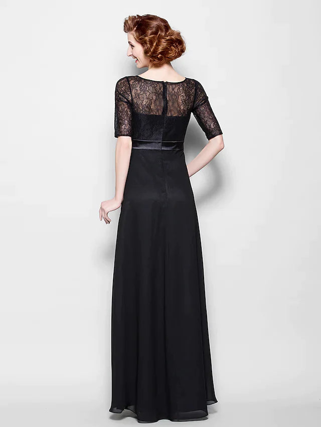 Side view of the A-line chiffon lace dress, showcasing its half sleeves and floor-length design.