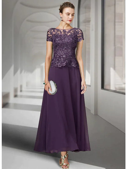 Elegant A-Line Mother of the Bride dress with jewel neck and short sleeves, front view.