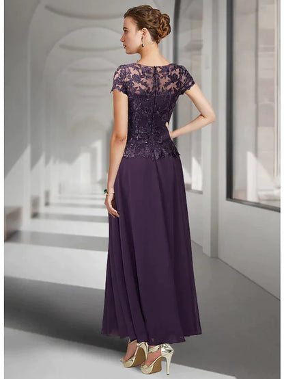 Side view of A-Line chiffon lace dress, showing pleats and appliques.