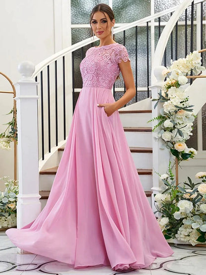 Elegant A-Line Chiffon Lace bridesmaid dress with scoop neck and short sleeves, front view.