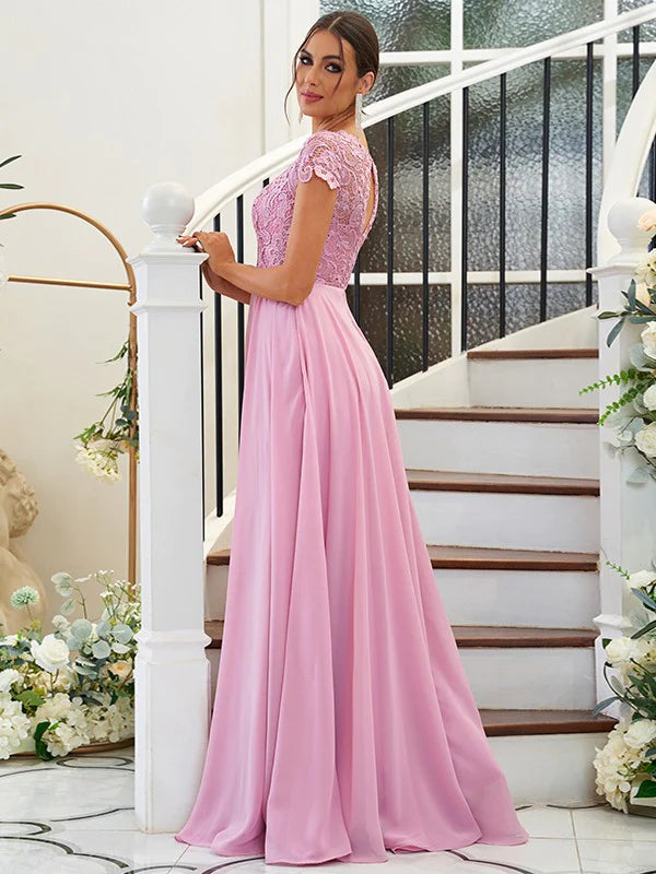 Back view of the A-Line Chiffon Lace floor-length bridesmaid dress.