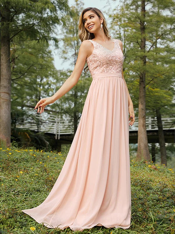 Elegant A-line chiffon lace V-neck sleeveless floor-length bridesmaid dress.