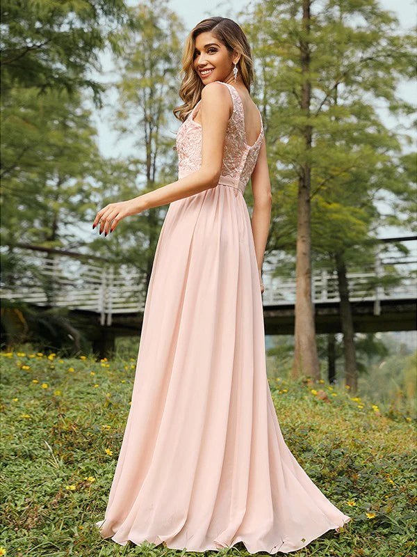 A-line chiffon lace V-neck sleeveless floor-length bridesmaid dress, side view.